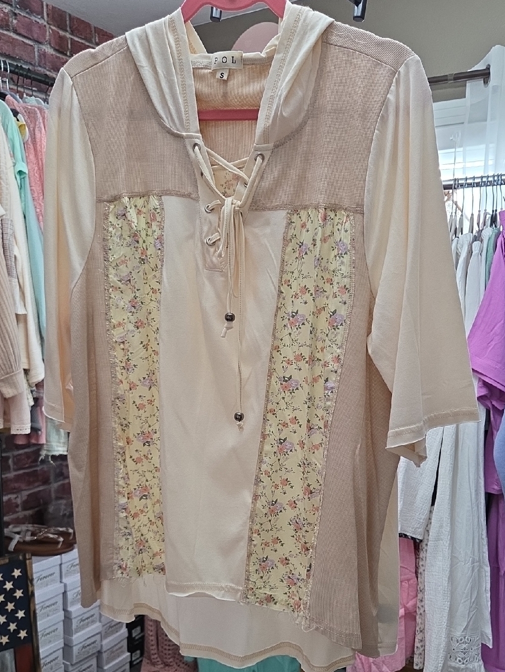 POL Cream Hooded Lace-Up Top with Yellow Floral Panels